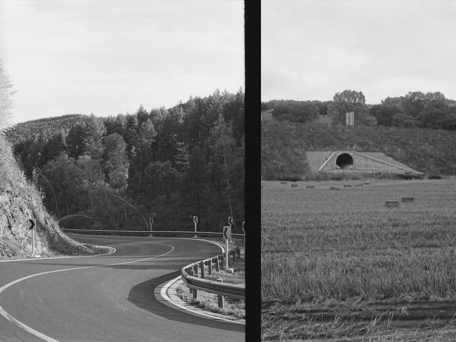 Half-frame diptych: a winding mountain road and a field, in black and white